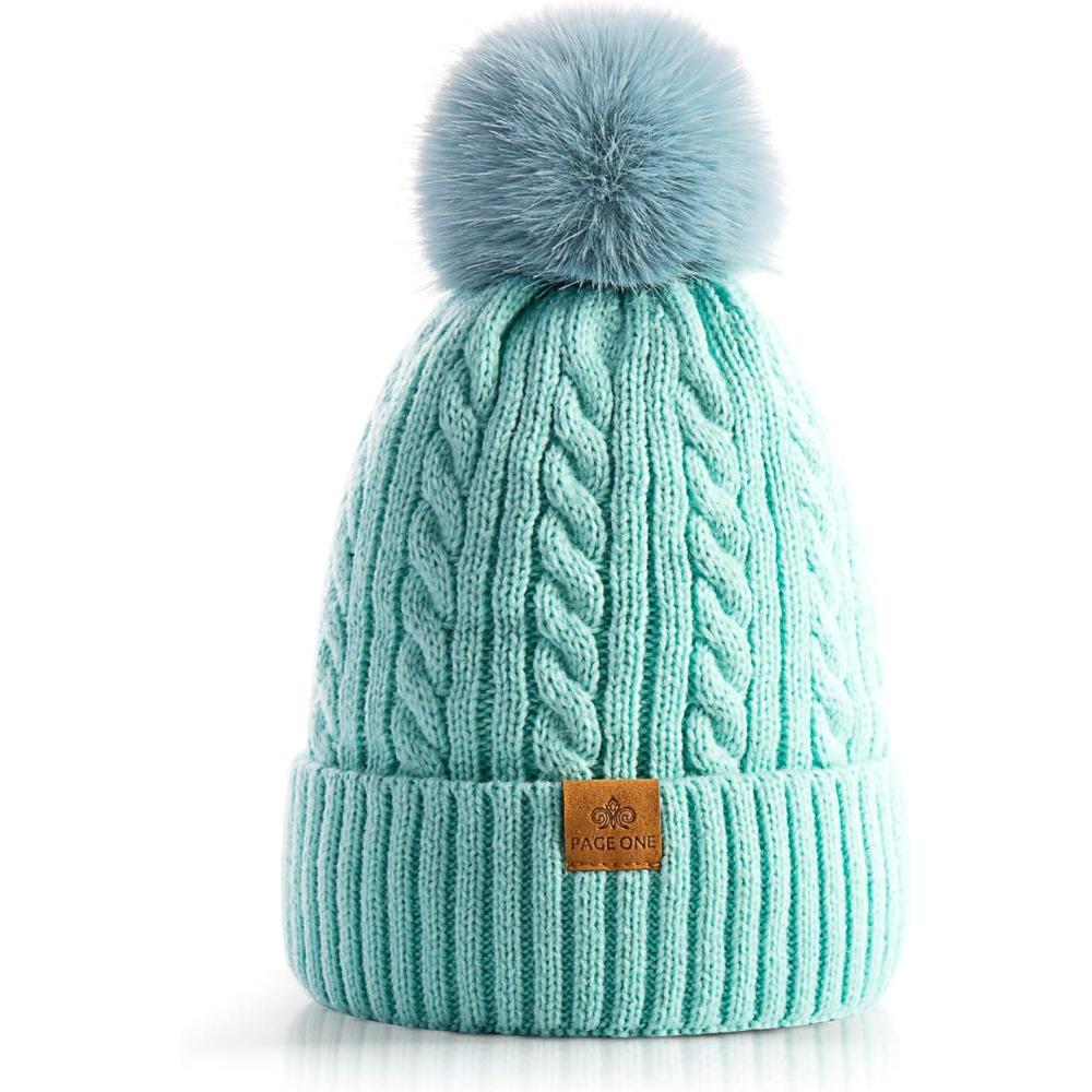 image:imagePAGE ONE Women Winter Pom Pom Beanie Hats Warm Fleece LinedChunky Trendy Cute Chenille Knit Twist CapMint Green1