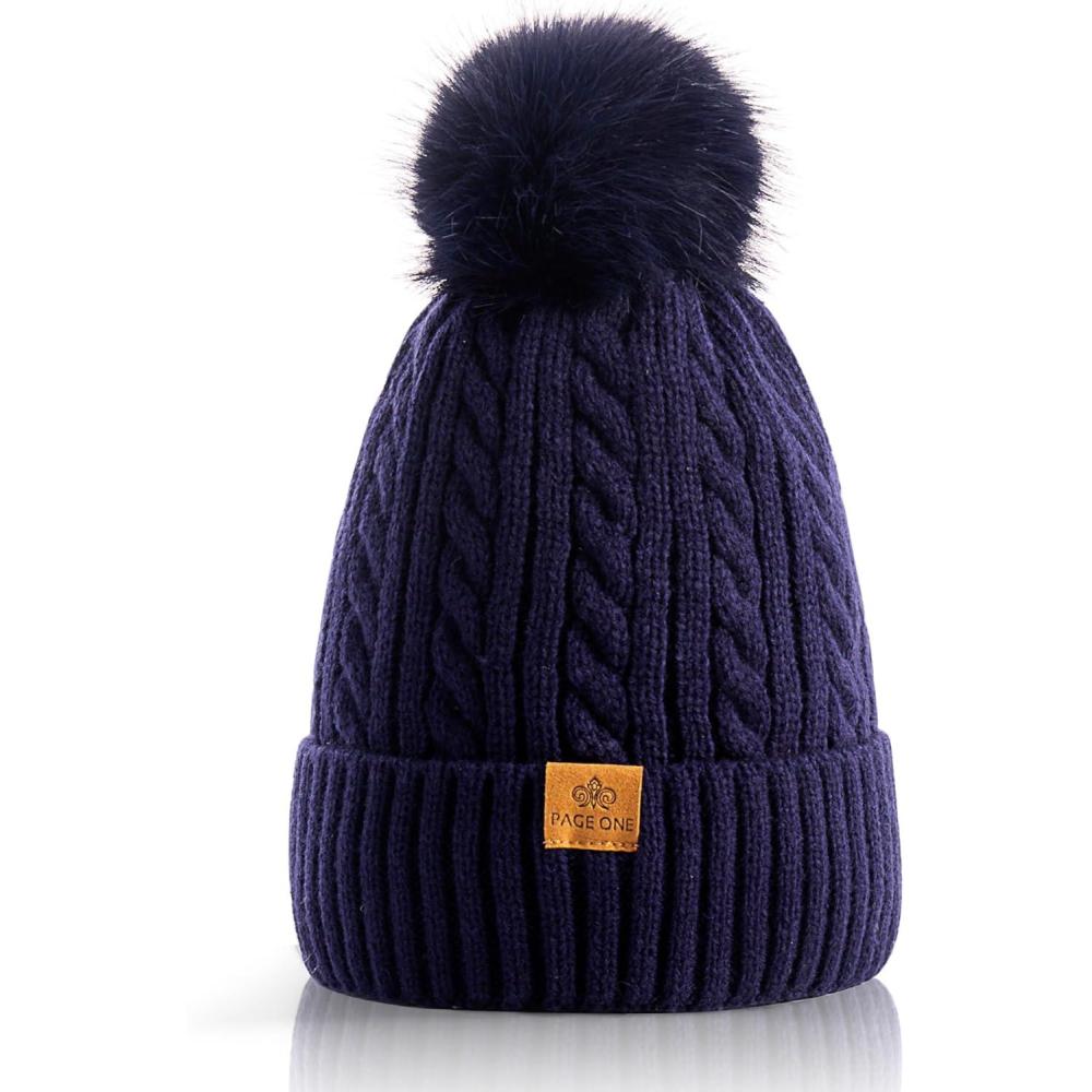 image:imagePAGE ONE Women Winter Pom Pom Beanie Hats Warm Fleece LinedChunky Trendy Cute Chenille Knit Twist CapNavy1