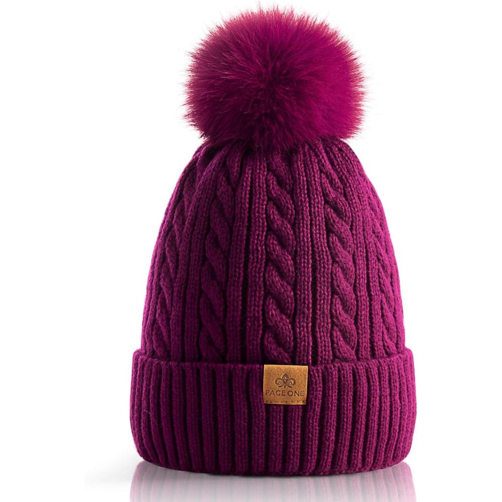 image:imagePAGE ONE Women Winter Pom Pom Beanie Hats Warm Fleece LinedChunky Trendy Cute Chenille Knit Twist CapPurple1