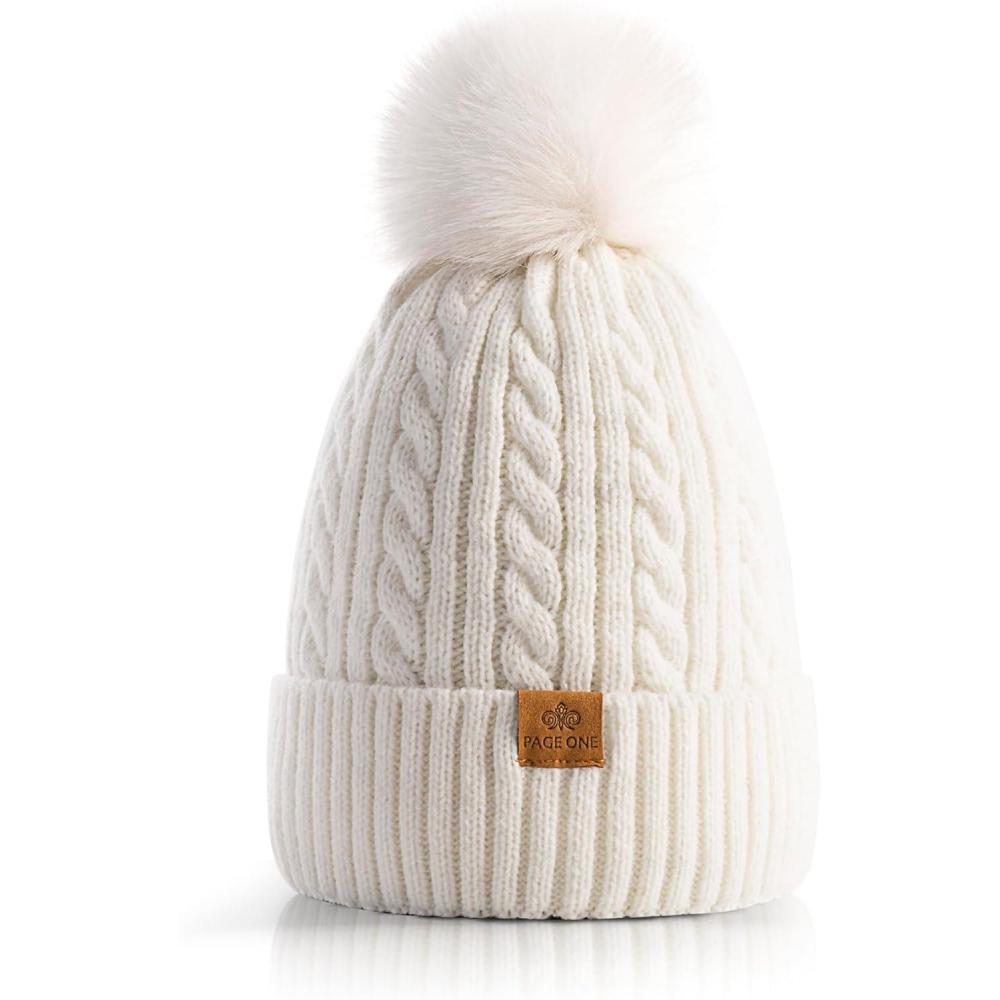 image:imagePAGE ONE Women Winter Pom Pom Beanie Hats Warm Fleece LinedChunky Trendy Cute Chenille Knit Twist CapWhite1