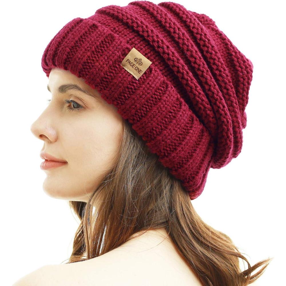 image:imagePAGE ONE Womens Winter Beanie Warm Cable Knit Hat Style Stretch Trendy Ribbed Chunky CapWine Red