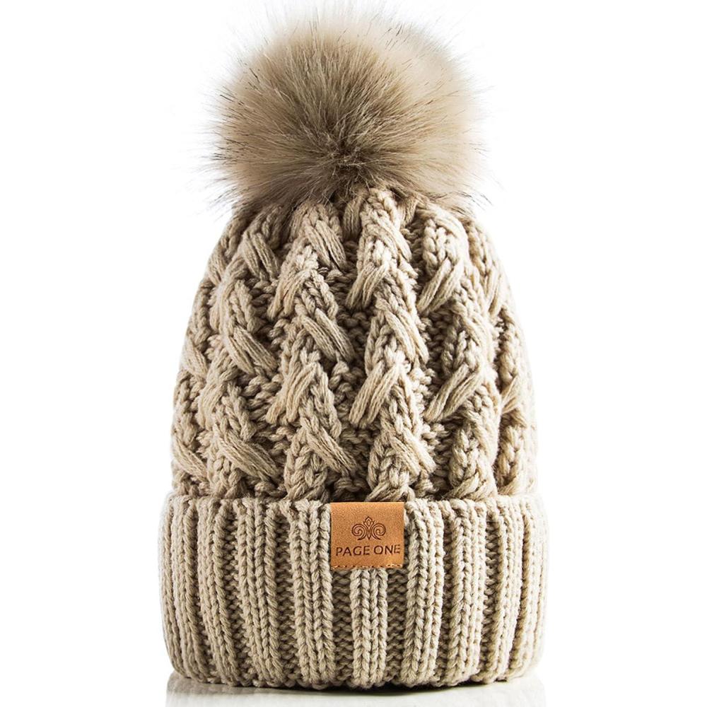 image:imagePAGE ONE Womens Winter Ribbed Beanie Crossed Cap Chunky Cable Knit Pompom Soft Warm HatBeigeoatmeal