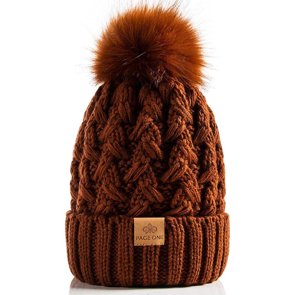 image:imagePAGE ONE Womens Winter Ribbed Beanie Crossed Cap Chunky Cable Knit Pompom Soft Warm HatBrown