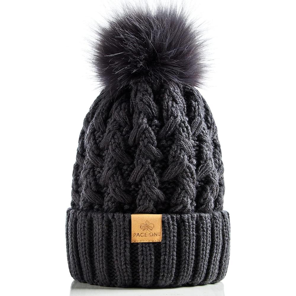 image:imagePAGE ONE Womens Winter Ribbed Beanie Crossed Cap Chunky Cable Knit Pompom Soft Warm HatDark Gray