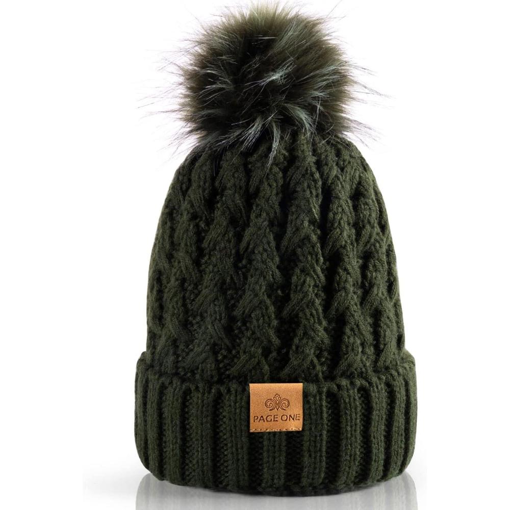 image:imagePAGE ONE Womens Winter Ribbed Beanie Crossed Cap Chunky Cable Knit Pompom Soft Warm HatDark Green