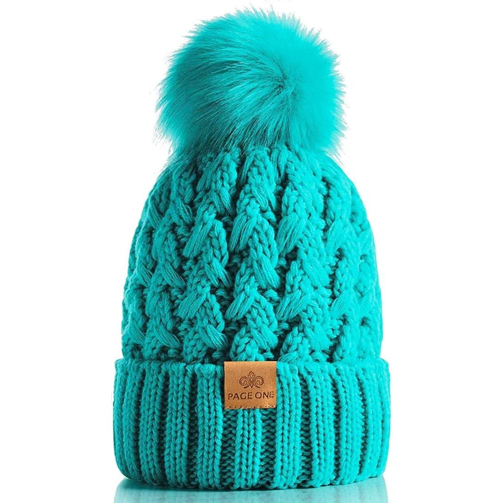 image:imagePAGE ONE Womens Winter Ribbed Beanie Crossed Cap Chunky Cable Knit Pompom Soft Warm HatGreen