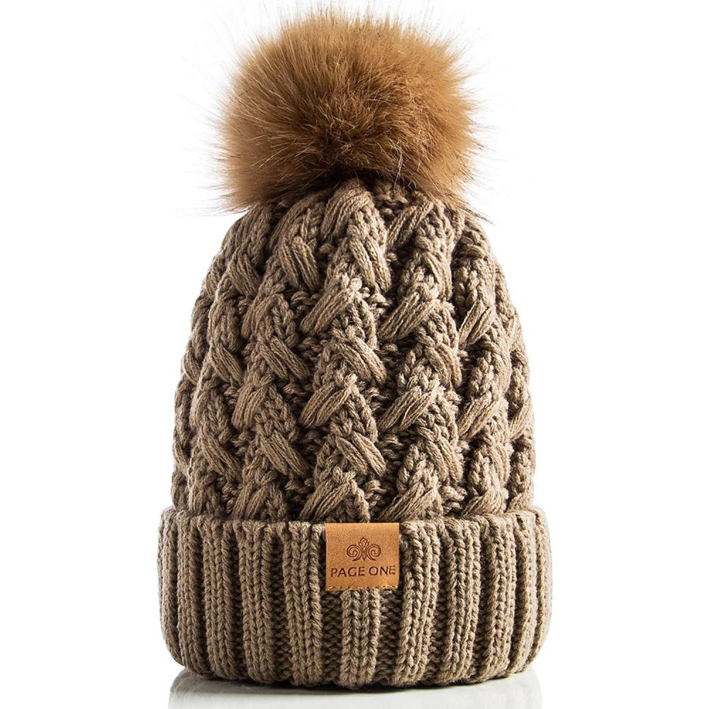 image:imagePAGE ONE Womens Winter Ribbed Beanie Crossed Cap Chunky Cable Knit Pompom Soft Warm HatKhaki