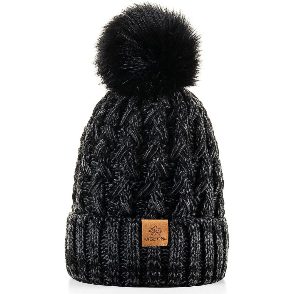 image:imagePAGE ONE Womens Winter Ribbed Beanie Crossed Cap Chunky Cable Knit Pompom Soft Warm HatMixed Black