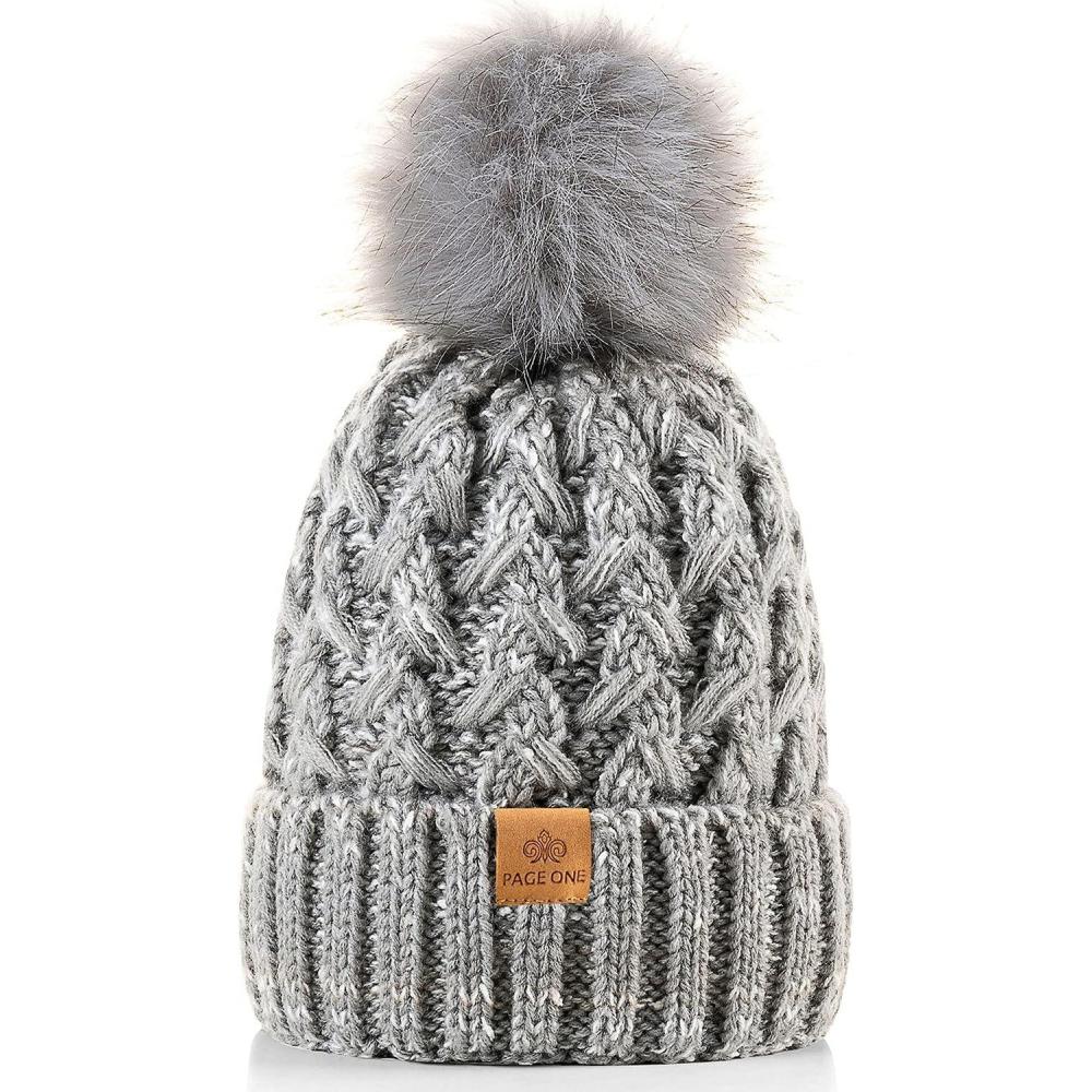 image:imagePAGE ONE Womens Winter Ribbed Beanie Crossed Cap Chunky Cable Knit Pompom Soft Warm HatMixed Light Grey