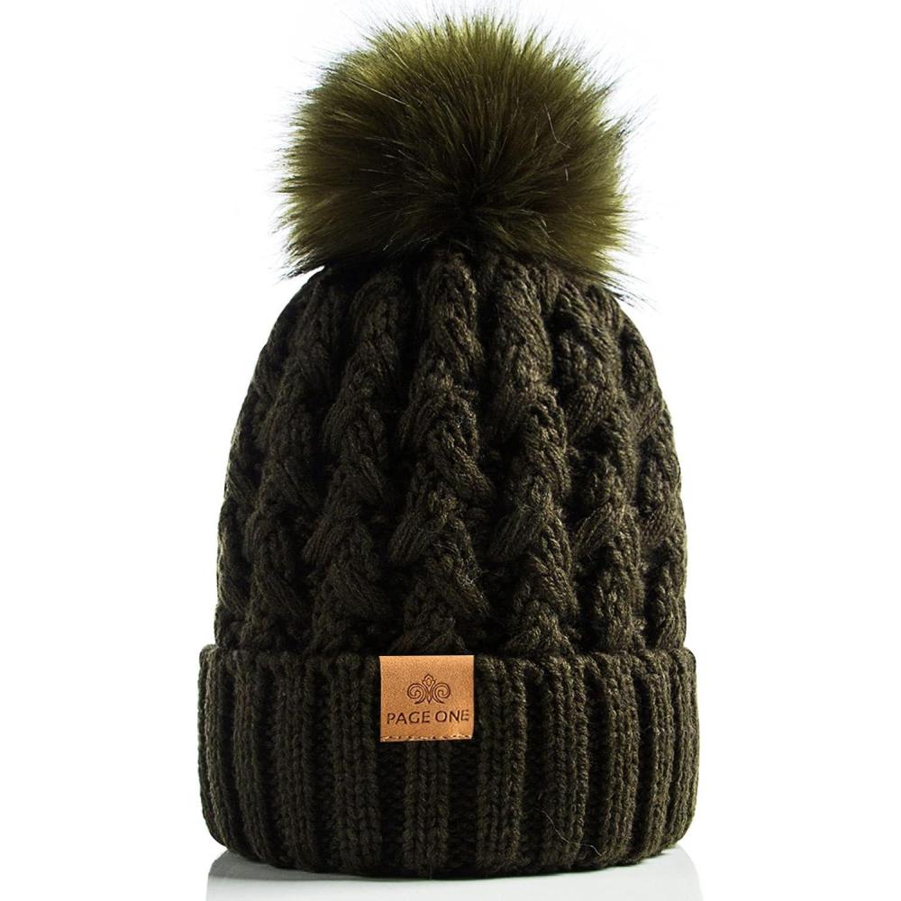 image:imagePAGE ONE Womens Winter Ribbed Beanie Crossed Cap Chunky Cable Knit Pompom Soft Warm HatOlive Green