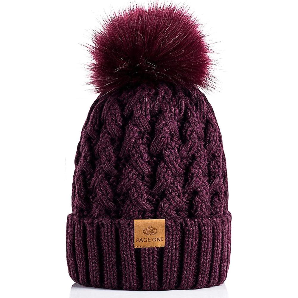 image:imagePAGE ONE Womens Winter Ribbed Beanie Crossed Cap Chunky Cable Knit Pompom Soft Warm HatPurple