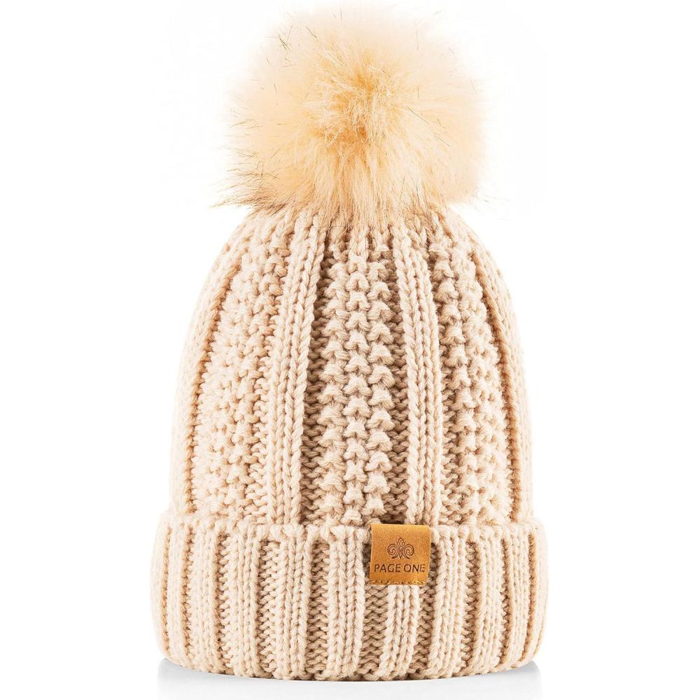 image:imagePAGE ONE Womens Winter Thick Cable Knit Beanie Faux Fur Pom Hat Fleece Lined Skull CapBeige