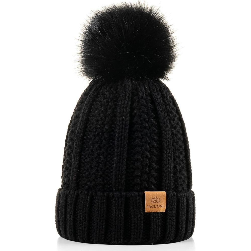 image:imagePAGE ONE Womens Winter Thick Cable Knit Beanie Faux Fur Pom Hat Fleece Lined Skull CapBlack
