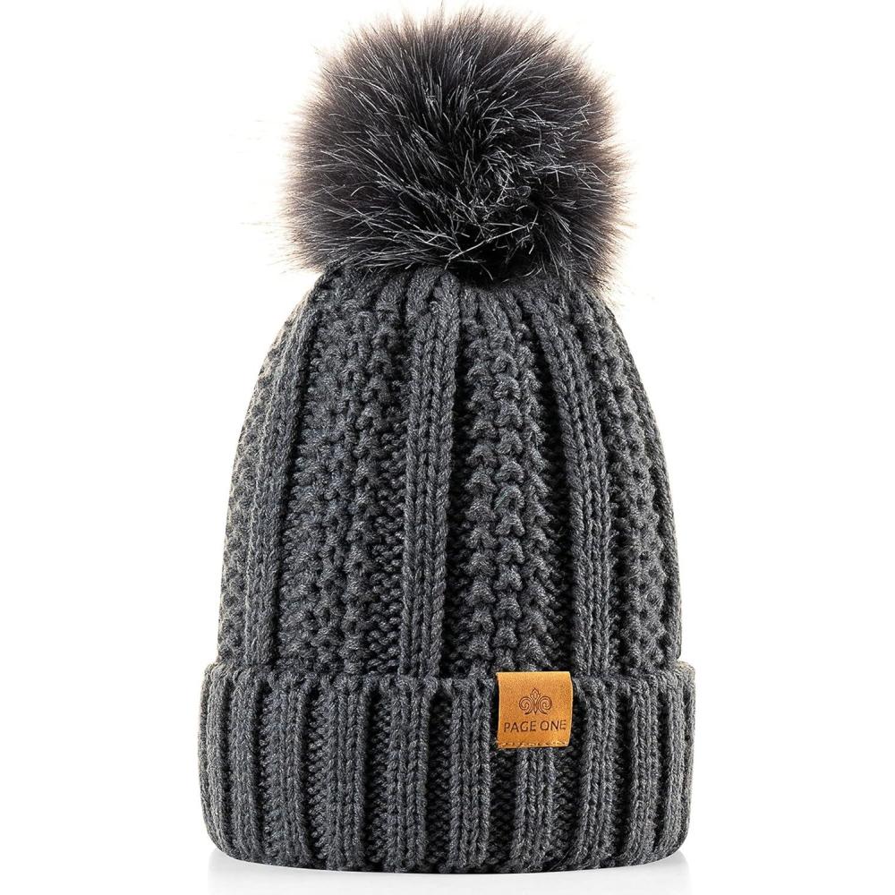image:imagePAGE ONE Womens Winter Thick Cable Knit Beanie Faux Fur Pom Hat Fleece Lined Skull CapDark Gray