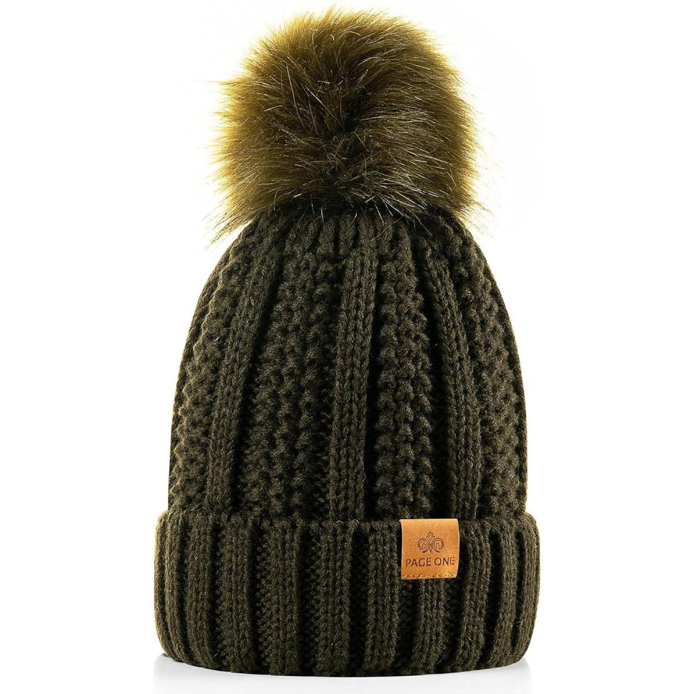 image:imagePAGE ONE Womens Winter Thick Cable Knit Beanie Faux Fur Pom Hat Fleece Lined Skull CapDark Olive