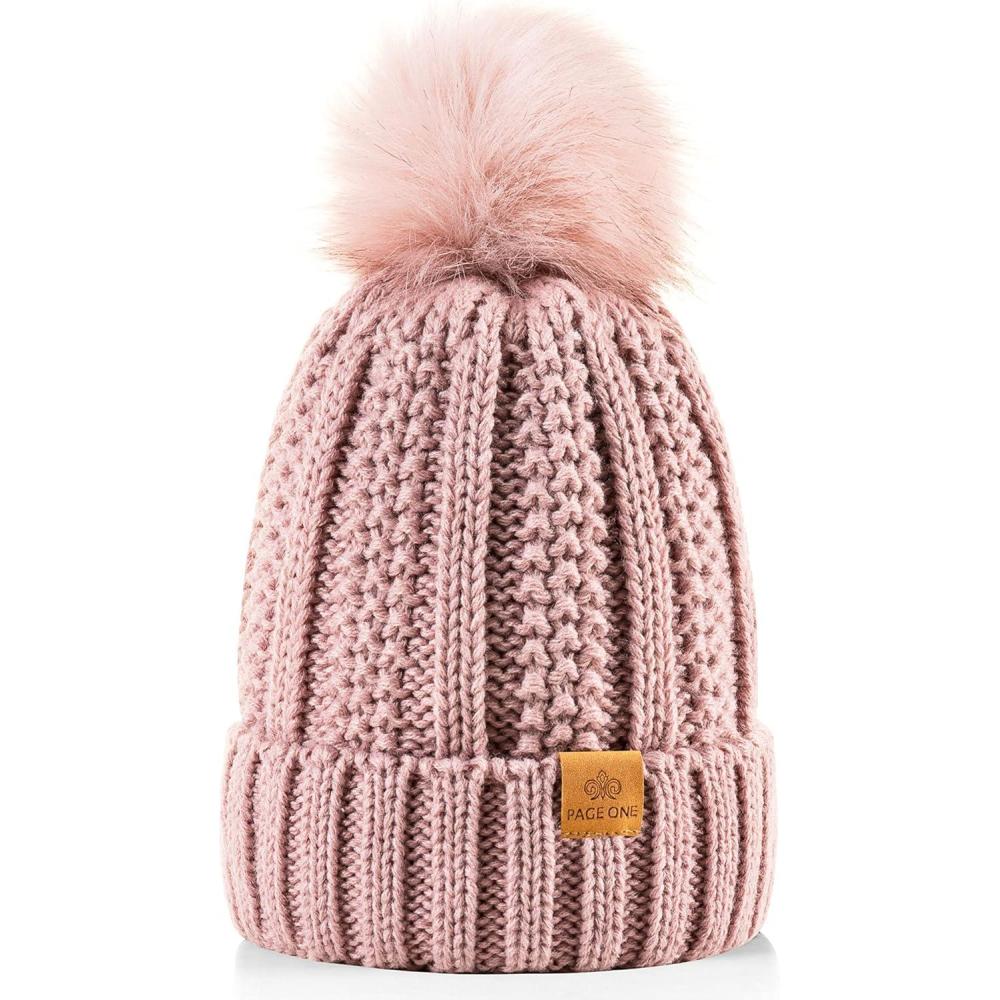 image:imagePAGE ONE Womens Winter Thick Cable Knit Beanie Faux Fur Pom Hat Fleece Lined Skull CapDark Pink