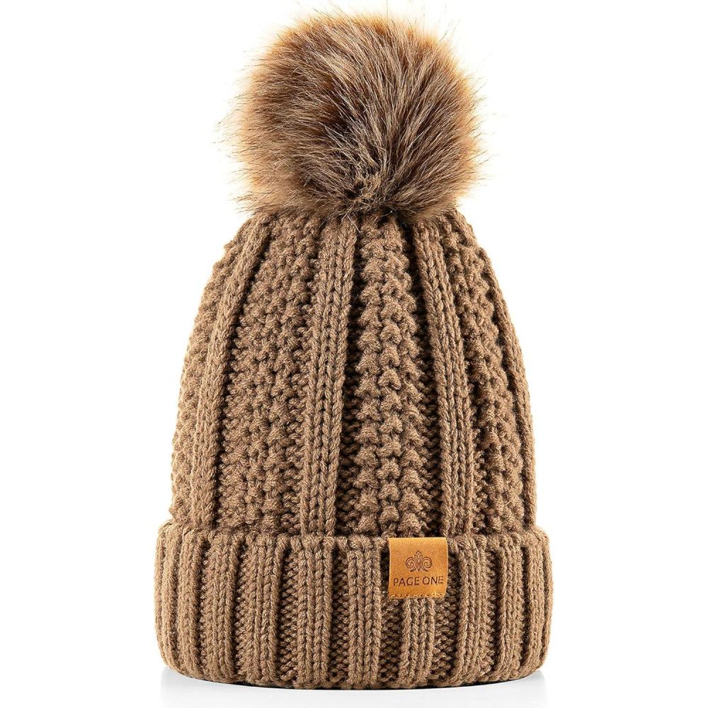 image:imagePAGE ONE Womens Winter Thick Cable Knit Beanie Faux Fur Pom Hat Fleece Lined Skull CapKhaki