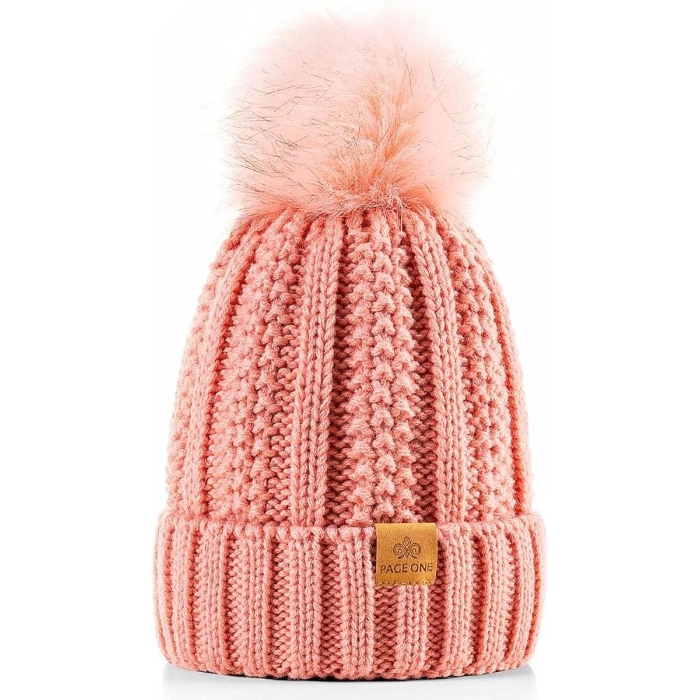 image:imagePAGE ONE Womens Winter Thick Cable Knit Beanie Faux Fur Pom Hat Fleece Lined Skull CapLight Pink