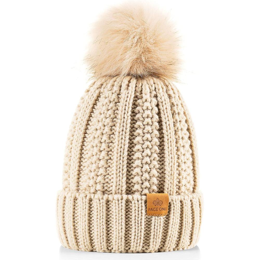 image:imagePAGE ONE Womens Winter Thick Cable Knit Beanie Faux Fur Pom Hat Fleece Lined Skull CapOatmeal