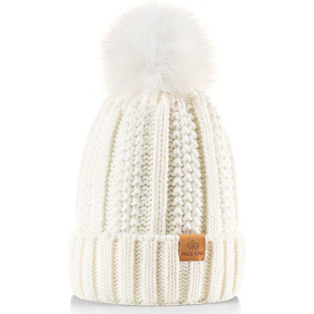 image:imagePAGE ONE Womens Winter Thick Cable Knit Beanie Faux Fur Pom Hat Fleece Lined Skull CapWhite