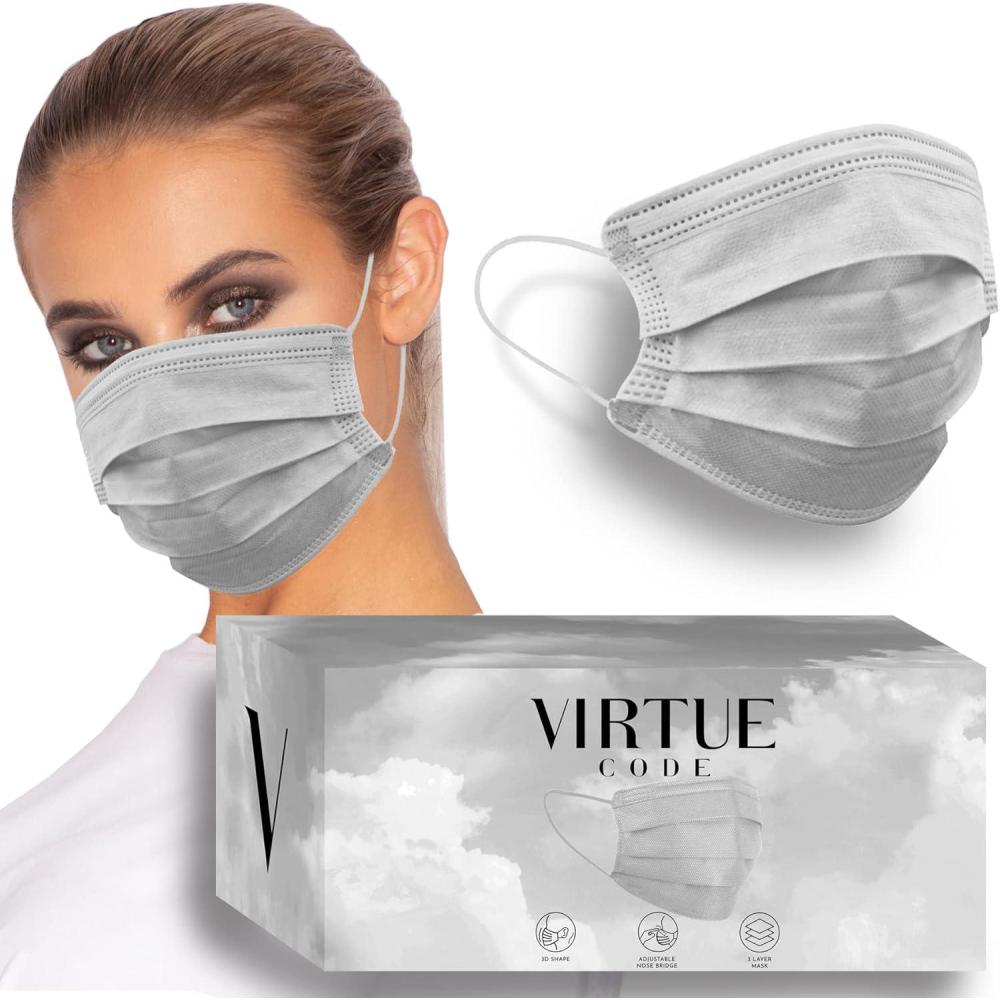 image:imageVIRTUE CODE On The Go Curved Face Masks  Soft 3 Ply Comfort 50 Disposable Face MasksGrey