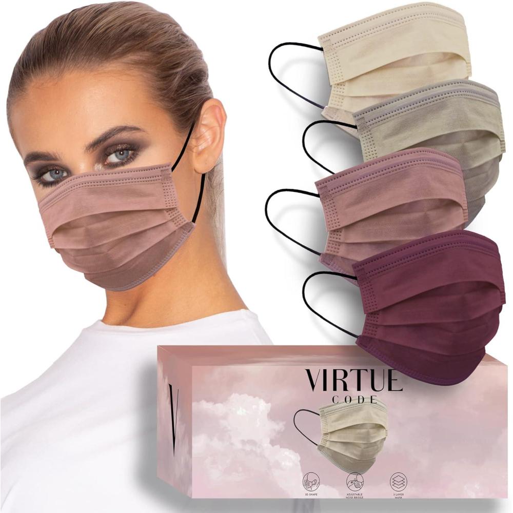 image:imageVIRTUE CODE Support Face Masks  Soft 3 Ply Comfort Face Masks Colorful Disposable Face Mask 50 Pack Grey Beige Navy Blue Colored Masks Adults Mens and Womens Disposable Face MasksEarth Tones
