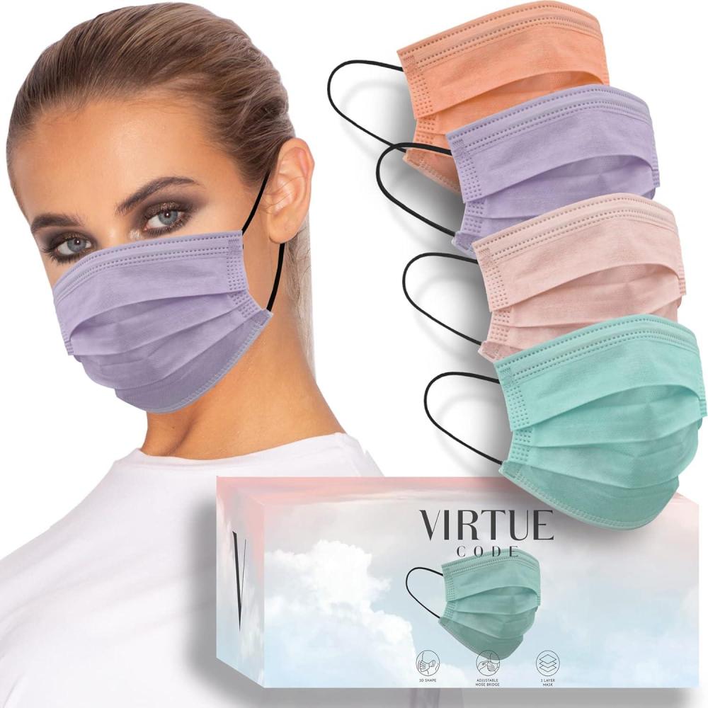image:imageVIRTUE CODE Support Face Masks  Soft 3 Ply Comfort Face Masks Colorful Disposable Face Mask 50 Pack Grey Beige Navy Blue Colored Masks Adults Mens and Womens Disposable Face MasksPastels