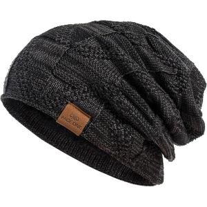 PAGE ONE Mens Winter Slouchy Beanie Warm Fleece Lined Skull Cap Baggy Cable Knit Hat(Black)
