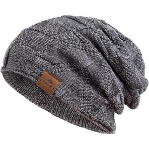 PAGE ONE Mens Winter Slouchy Beanie Warm Fleece Lined Skull Cap Baggy Cable Knit Hat(Gray)