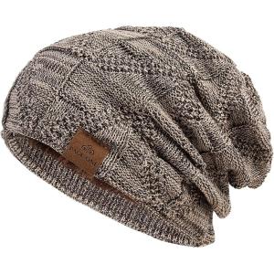 PAGE ONE Mens Winter Slouchy Beanie Warm Fleece Lined Skull Cap Baggy Cable Knit Hat(Khaki)