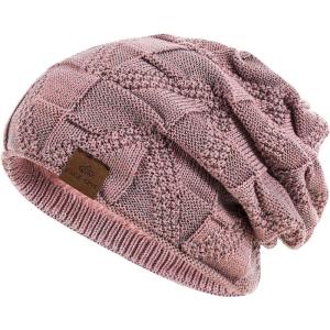 PAGE ONE Mens Winter Slouchy Beanie Warm Fleece Lined Skull Cap Baggy Cable Knit Hat(Pink)