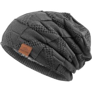 PAGE ONE Mens Winter Slouchy Beanie Warm Fleece Lined Skull Cap Baggy Cable Knit Hat(Pure Black+white)