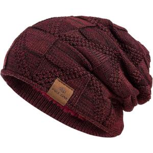 PAGE ONE Mens Winter Slouchy Beanie Warm Fleece Lined Skull Cap Baggy Cable Knit Hat(Wine Red)