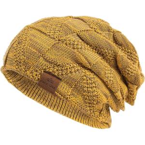 PAGE ONE Mens Winter Slouchy Beanie Warm Fleece Lined Skull Cap Baggy Cable Knit Hat(Yellow)