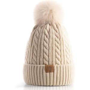 PAGE ONE Women Winter Pom Pom Beanie Hats Warm Fleece Lined,Chunky Trendy Cute Chenille Knit Twist Cap(Beige-1)