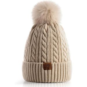 PAGE ONE Women Winter Pom Pom Beanie Hats Warm Fleece Lined,Chunky Trendy Cute Chenille Knit Twist Cap(Oat-1)