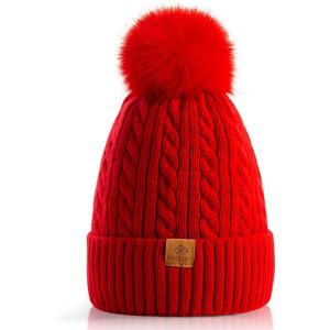 PAGE ONE Women Winter Pom Pom Beanie Hats Warm Fleece Lined,Chunky Trendy Cute Chenille Knit Twist Cap(Red-1)