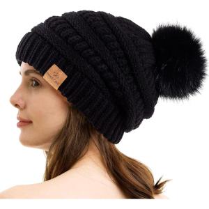 PAGE ONE Womens Fleece Lined Slouchy Beanie Chunky Baggy Hat Fur Pompom Winter Soft Warm Cap