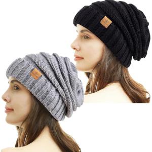 PAGE ONE Womens Winter Beanie Warm Cable Knit Hat Style Stretch Trendy Ribbed Chunky Cap(Balck+light Gray)