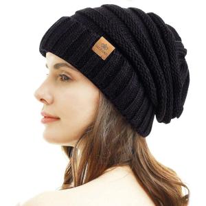 PAGE ONE Womens Winter Beanie Warm Cable Knit Hat Style Stretch Trendy Ribbed Chunky Cap(Black)