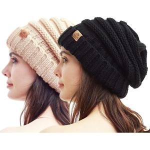 PAGE ONE Womens Winter Beanie Warm Cable Knit Hat Style Stretch Trendy Ribbed Chunky Cap(Black+oat)