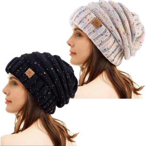 PAGE ONE Womens Winter Beanie Warm Cable Knit Hat Style Stretch Trendy Ribbed Chunky Cap(Dot Black+dot Oat)