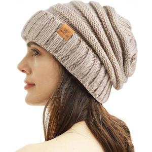 PAGE ONE Womens Winter Beanie Warm Cable Knit Hat Style Stretch Trendy Ribbed Chunky Cap(Oatmeal)