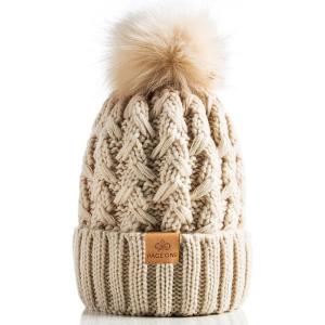 PAGE ONE Womens Winter Ribbed Beanie Crossed Cap Chunky Cable Knit Pompom Soft Warm Hat(Beige)
