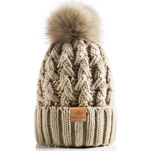 PAGE ONE Womens Winter Ribbed Beanie Crossed Cap Chunky Cable Knit Pompom Soft Warm Hat(Beigeoatmeal)