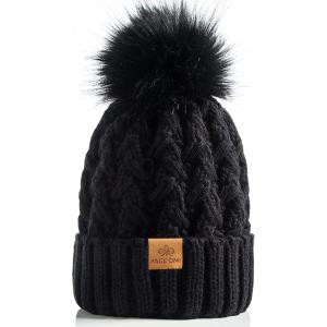 PAGE ONE Womens Winter Ribbed Beanie Crossed Cap Chunky Cable Knit Pompom Soft Warm Hat(Black)