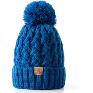 PAGE ONE Womens Winter Ribbed Beanie Crossed Cap Chunky Cable Knit Pompom Soft Warm Hat(Dark Blue)