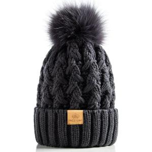 PAGE ONE Womens Winter Ribbed Beanie Crossed Cap Chunky Cable Knit Pompom Soft Warm Hat(Dark Gray)
