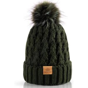 PAGE ONE Womens Winter Ribbed Beanie Crossed Cap Chunky Cable Knit Pompom Soft Warm Hat(Dark Green)