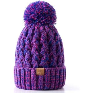 PAGE ONE Womens Winter Ribbed Beanie Crossed Cap Chunky Cable Knit Pompom Soft Warm Hat(Dark Rose)